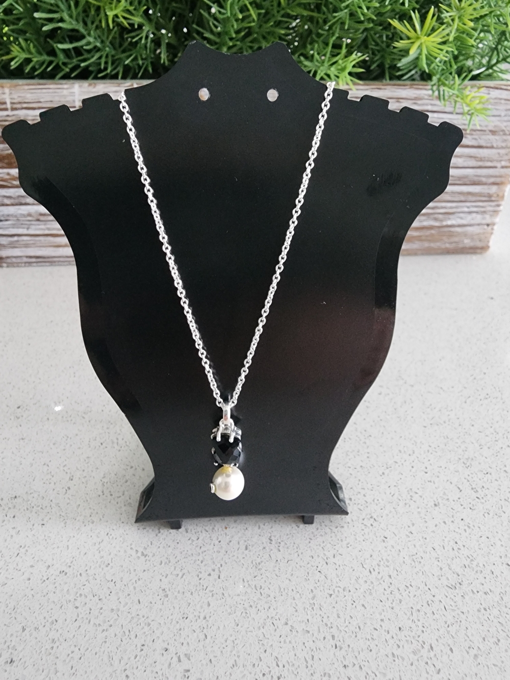Tous Silver Necklace with Black Crystal and White Pearl Drop